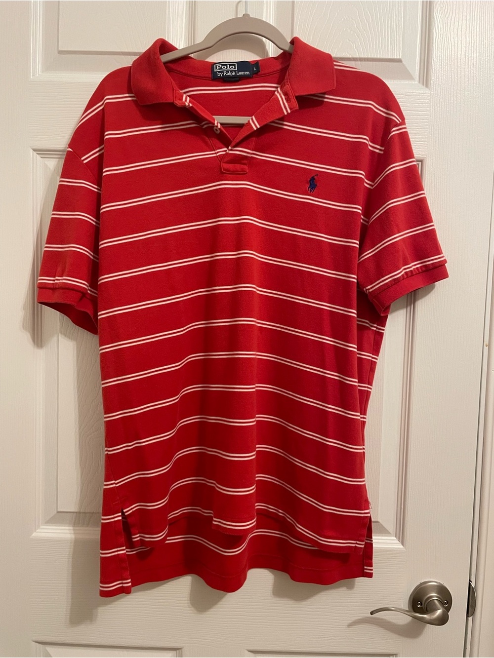 Polo Ralph Lauren Men’s L RedWhite Striped Short-Sleeve Vintage Polo ShirCotton